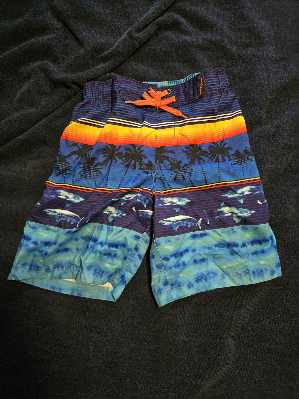 ZeroXposur Blue Tropical Stripe Swim Shorts with Orange Drawstring